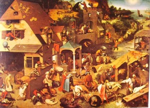 Bruegel: Proverbi fiamminghi, cm. 117 x 163, Staatliche Museen, Berlino.